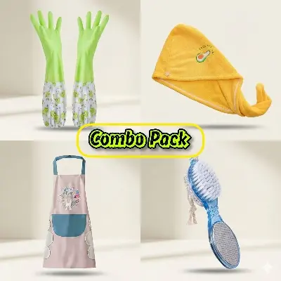 Picture of Winter Self-Care & Kitchen Combo Pack • Microfiber Hair Towel Wrap + Hand Gloves + Apron + Pedicure Foot Brush