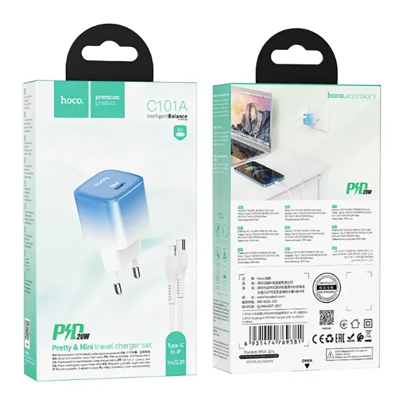 Picture of Hoco C101A PD 20W Fast Mini Travel Charger Adapter with Type C to Lightning Cable
