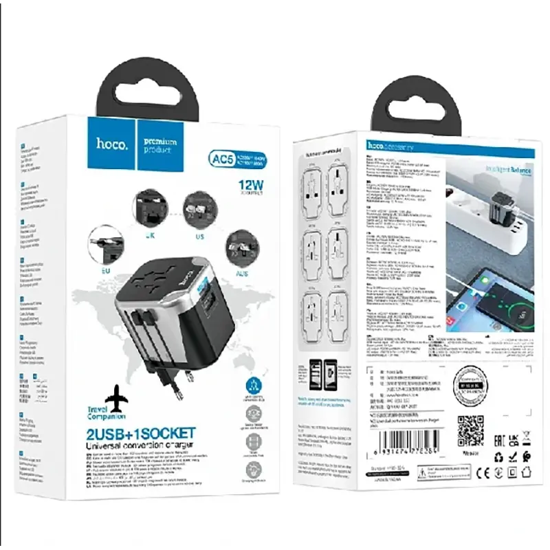 Picture of HOCO AC5 2USB + 1 Socket Public Transfer Charger Travel Adapter - Black