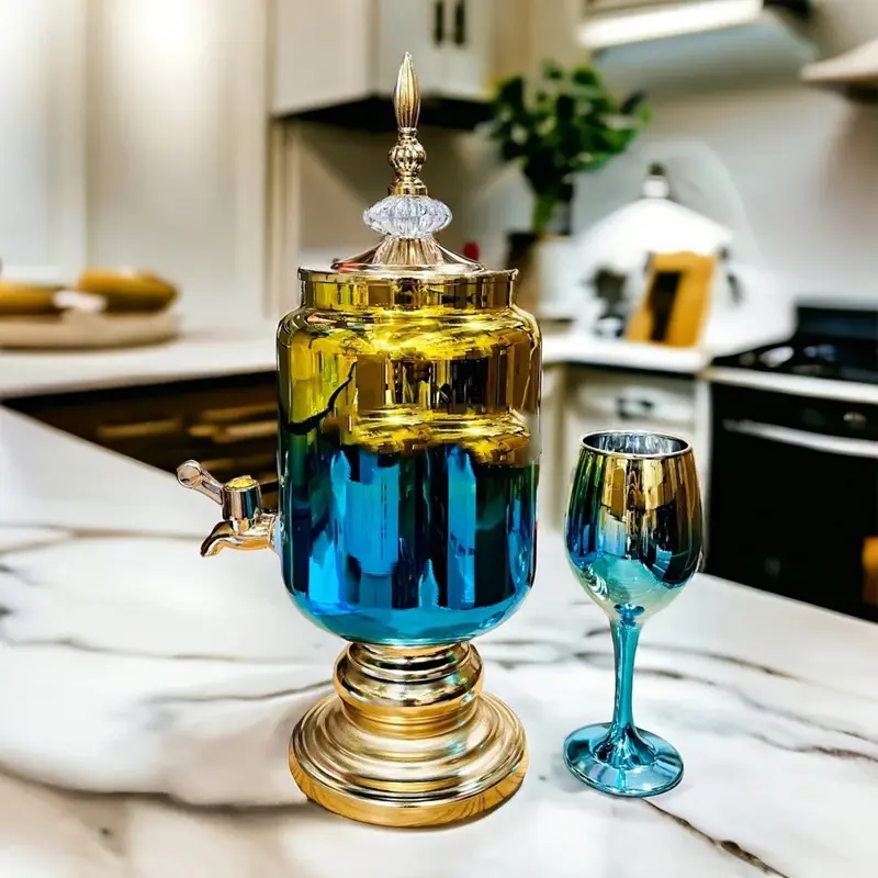 Picture of 7 Pcs Golden Glass Juice Dispenser & Glass Set(Multicolor)