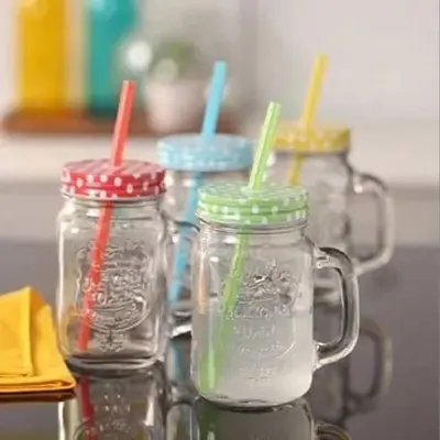 Picture of 1 Serve Refreshing Drinks In Mason Jars With Handle Colorful Lid With Reusable Straw MULTI-COLOR(Multicolor)