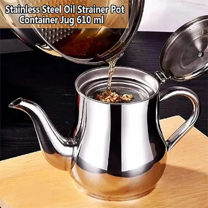 Picture of Stainless Steel Oil Pot Or Use As Tea Kettle Strainer Container Jug-500ml(Silver)