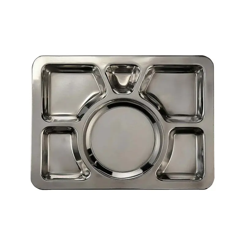 Picture of Acense 6 Compartment Stainless Steel Large Plate (Thali), Food Grade Material, Multi-Purpose, BPA/Toxin-Free, Dimensions: 40cmx30cmx2cm(Silver)