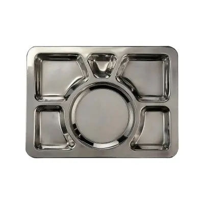 Picture of Acense 6 Compartment Stainless Steel Large Plate (Thali), Food Grade Material, Multi-Purpose, BPA/Toxin-Free, Dimensions: 40cmx30cmx2cm(Silver)