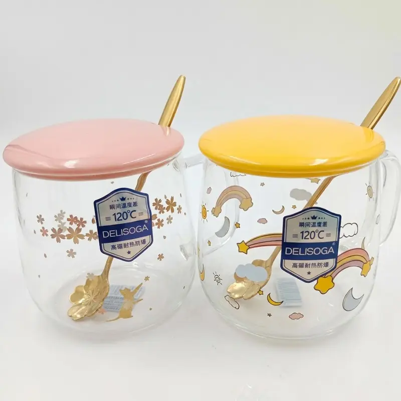Picture of 1 Cute Fruity Printed Glass Mug With Lid & Spoon 27L-IT(Multicolor)