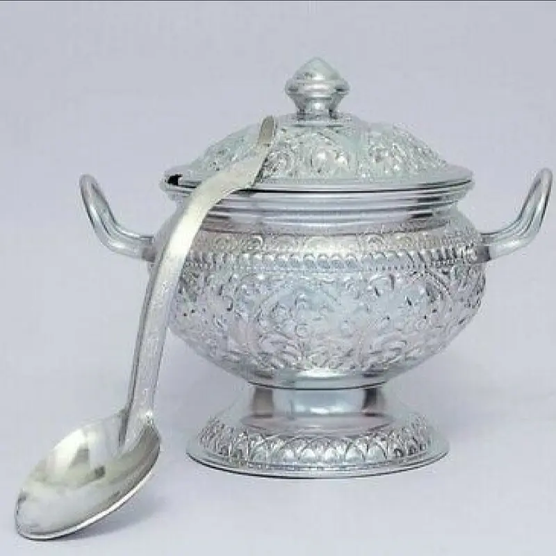 Picture of 1PC Rice Bowl & Ladle Spoon Thai Pattern Rice Container Aluminum Curry Serving 318(Silver318)