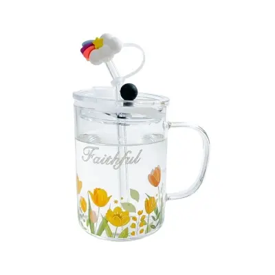 Picture of 1 Floral Design Premium Jar Mug- Elegant Glass Container for Storage, Preservation and Decor, Airtight Lid, Versatile and Stylish Jar, Milkshake, Coffee & Juice Jar with Straw(Multicolor)