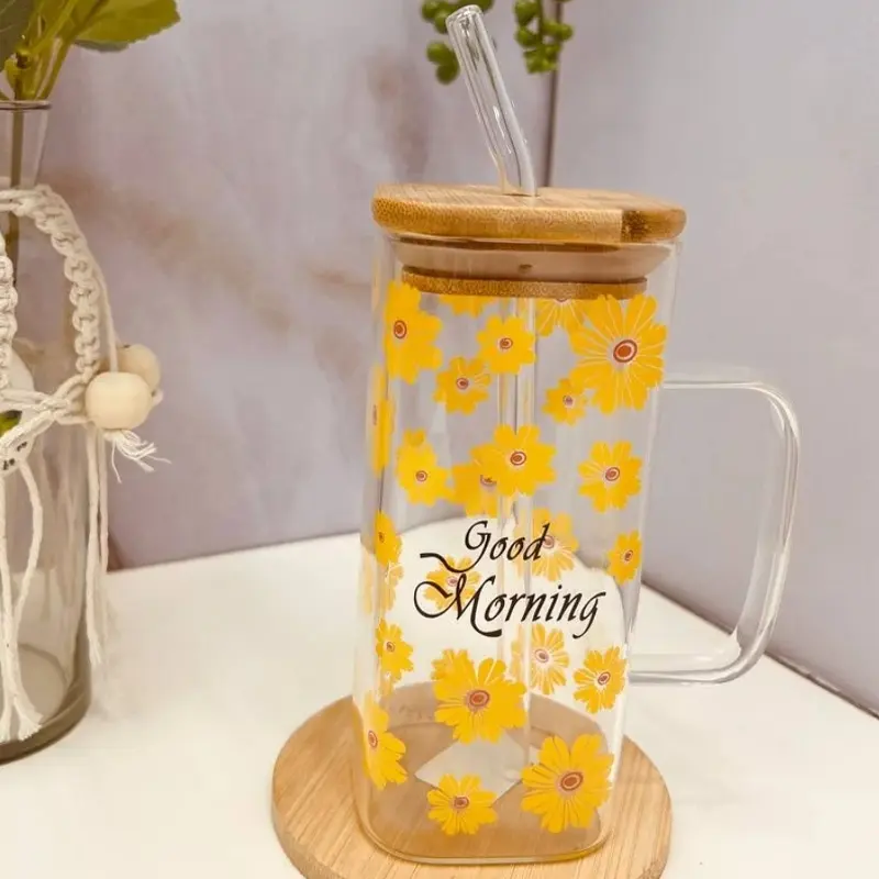 Picture of 1PC Glass Mug Flower Printed With Bamboo Lid & Sip 6363(Multicolor)