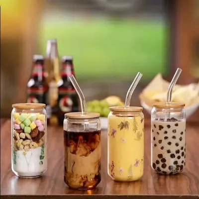 Picture of 1 Plain Glass Can With Bamboo Lid & Sip 61-2(Multicolor)