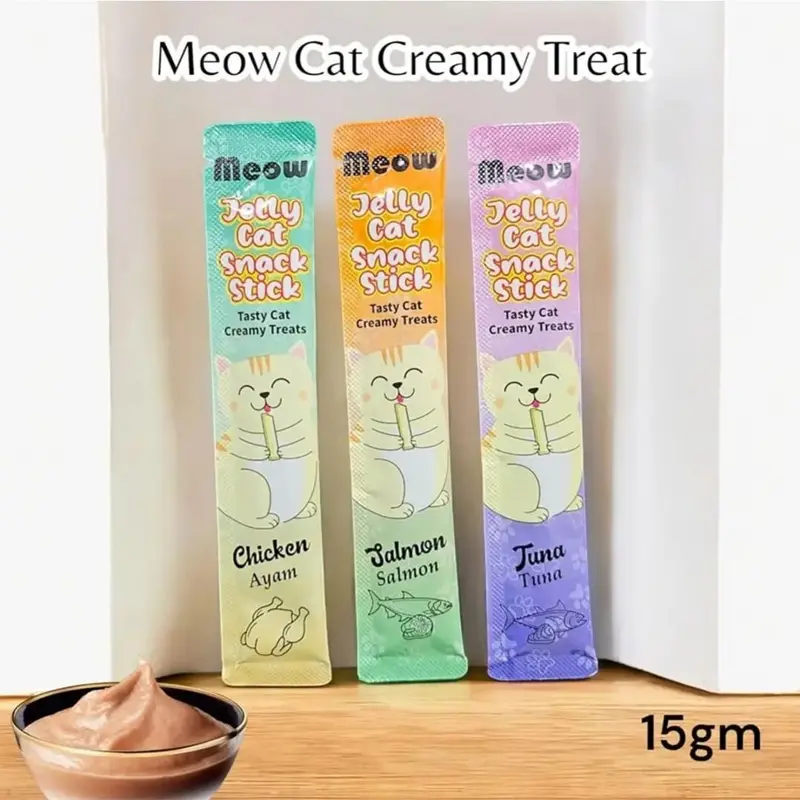 Picture of 12 PCS Meow Cat Creamy Treats are savory, lickable cat treats that come in Chicken, Salmon, and Tuna flavors(15GM)