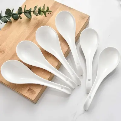 Picture of 6 pcs Plain White Ceramic Spoon (6 pcs) Kis Soup Spoon, Korean Chinese Rice Scoop Ice Cream Ladle, Porcelain Dinner Spoon - Minimalistic Sophistication(White)