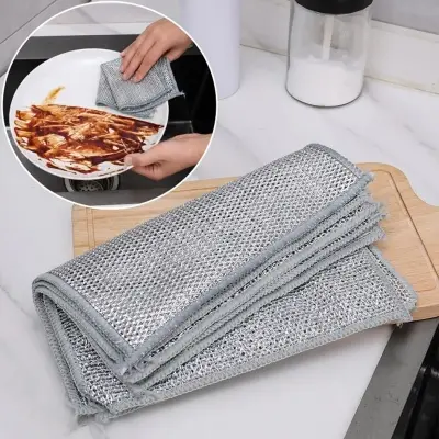 Picture of 5 Pcs double ply Non-Scratch Steel Wire Dishcloth Daily Cleaning Cloth Non Stick Oil Wiping Cloth Kitchen Stove Dishwashing Pot Washing Dishes(Silver)