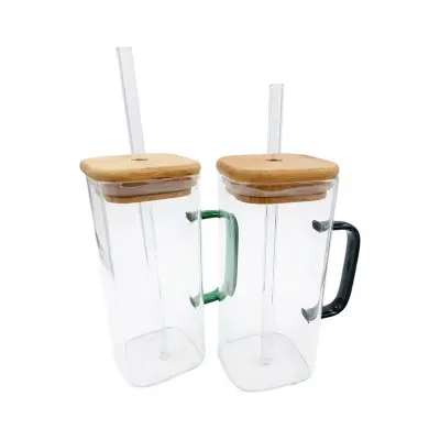 Picture of 1PC Plain Glass Jar With Bamboo Lid & Sip(Multicolor)