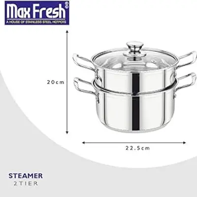 Picture of 20cm Maxfresh Stainless Steel Steamer/Modak/Momo Maker with See through Lid, (20cm x 2 tier)(Silver)