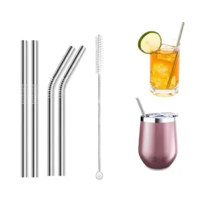 Picture of Reusable BPA-Free Metal, Thick, Long, Dishwasher Safe Stainless Steel Straws (3 Straw + 1 Cleaning Brushes)(Multicolor)