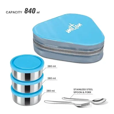 Picture of MILTON Triyum Stainless Steel Tiffin, 3 Container, 280 ml Each, with Jacket, Spoon & Fork, Lunch Box  Food Grade  Odour Proof  Light Weight(Multicolor)