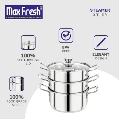 Picture of 20cm Maxfresh Stainless Steel Steamer/Modak/Momo Maker with See through Lid, (20cm x 3 tier),Silver(Silver)