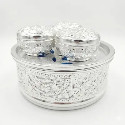 Picture of Paner Bata Pandan Sets Khandani Paner Box Betel Leaf Bowl Set - With 3 Pots Experience Traditional Betel Leaf Serving With This Stylish Set THAI(Silver)