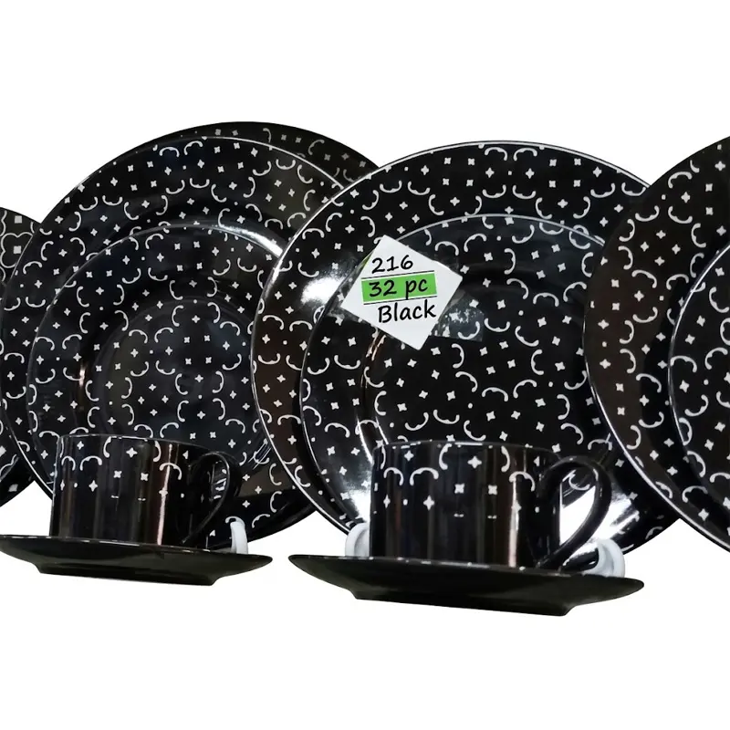 Picture of 32 pieces Ariane Brand dinner set for gift and home decoration- 6 Dinner Plates, 6 Half Plates, 1 Rice Dish, 1 Curry serving bowl, 6 Soup Bowl, 6+6 coffee cup + saucer(Black216)