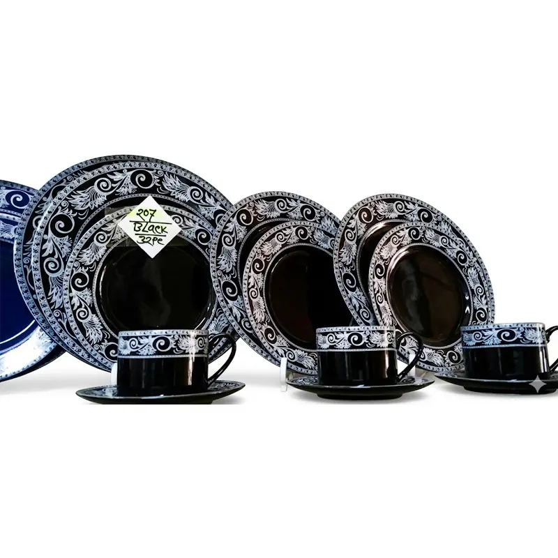 Picture of 32 pieces Ariane Brand dinner set for gift and home decoration- 6 Dinner Plates, 6 Half Plates, 1 Rice Dish, 1 Curry serving bowl, 6 Soup Bowl, 6+6 coffee cup + saucer(Black207)