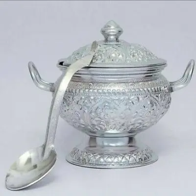 Picture of 1PC Rice Bowl & Ladle Spoon Thai Pattern Rice Container Aluminum Curry Serving 322(Silver322)