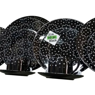 Picture of 32 pieces Ariane Brand dinner set for gift and home decoration- 6 Dinner Plates, 6 Half Plates, 1 Rice Dish, 1 Curry serving bowl, 6 Soup Bowl, 6+6 coffee cup + saucer(Black216)
