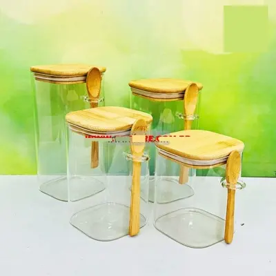Picture of 4 Pcs Airtight Glass Cookie Jar OR Spice Jar Set with Spoon(Multicolor)