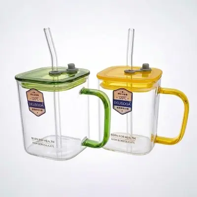 Picture of 1 PC 490ML Delisoga Glassware mug, specifically a heat-resistant borosilicate square glass cup with a straw(Multicolor)