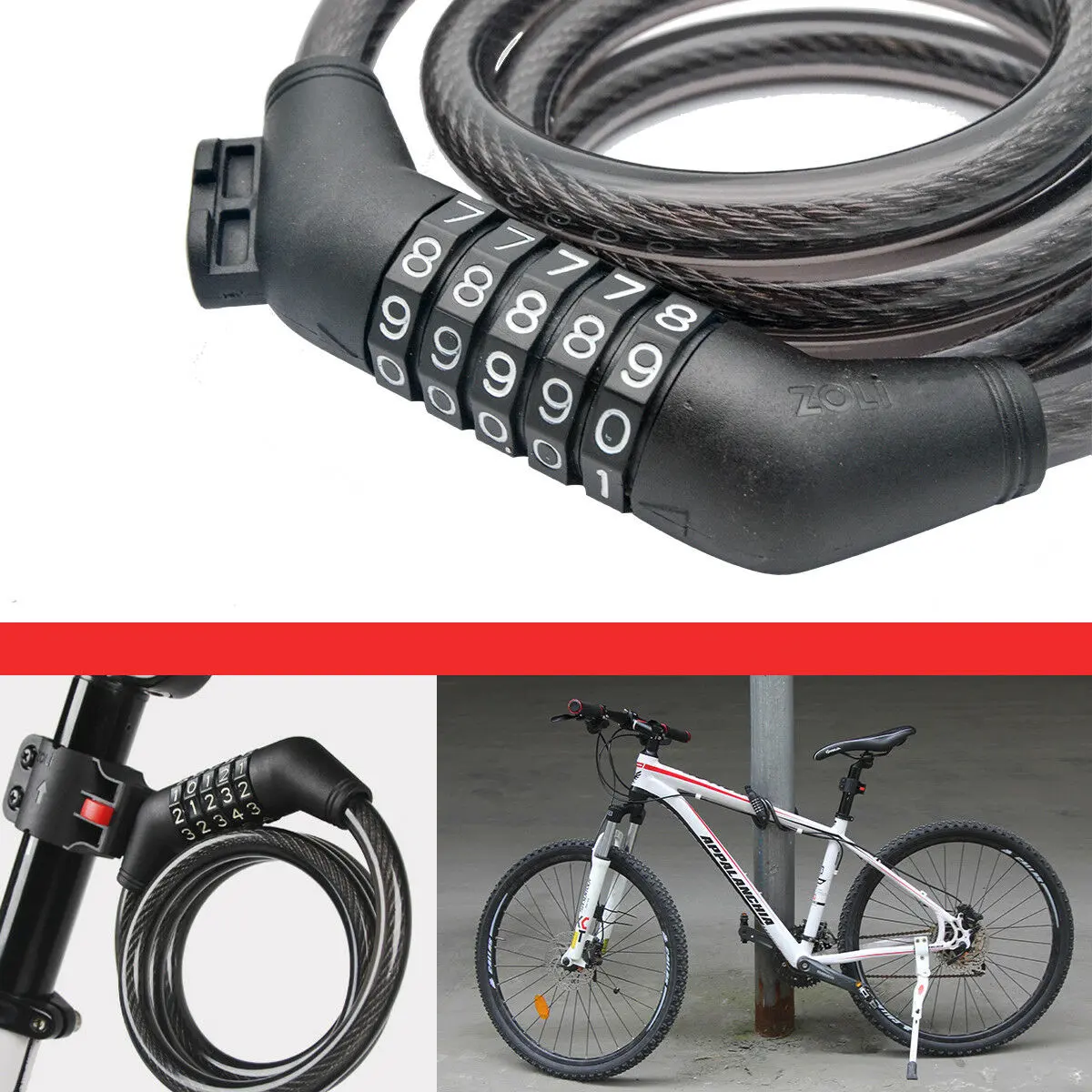 Picture of Cycling Security 5 Digit Combination Password Bike or Bicycle Cable Chain Lock-Black