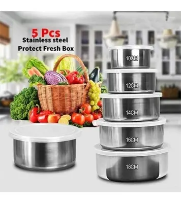 Picture of Protect Fresh Box 5 Pieces High Quality Stainless Steel Ware Set (10/12/14/16/18CM) Lid (Food Grade Plastic) - Silver