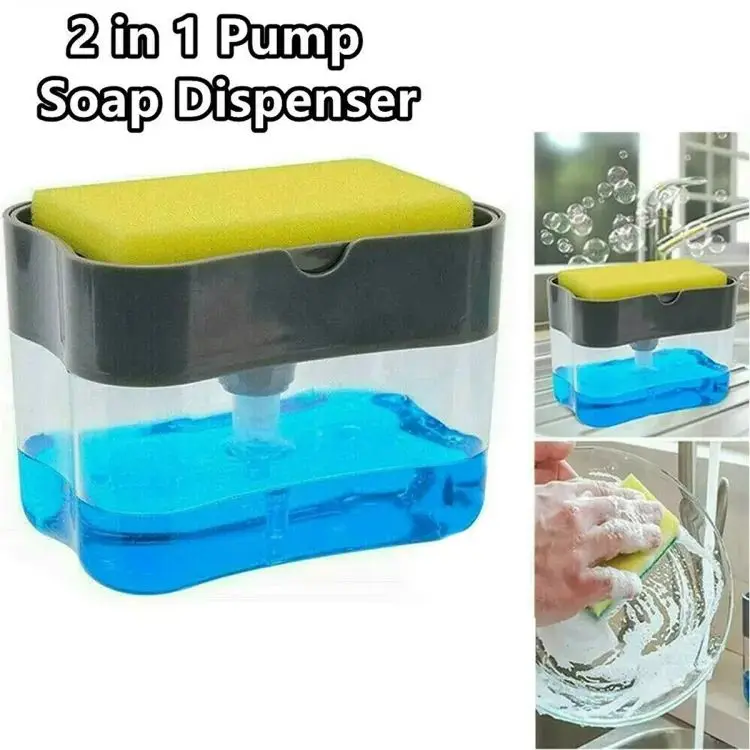 Picture of Liquid Soap Dispenser Soap Pump Sponge Caddy Holder Creative Hand Press Kitchen Dish Soap Dispenser with Washing Sponge - White