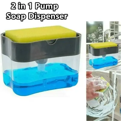 Picture of Liquid Soap Dispenser Soap Pump Sponge Caddy Holder Creative Hand Press Kitchen Dish Soap Dispenser with Washing Sponge - White