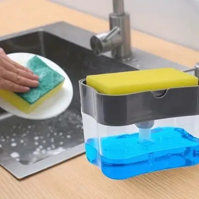 Picture of Liquid Soap Dispenser Soap Pump Sponge Caddy Holder Creative Hand Press Kitchen Dish Soap Dispenser with Washing Sponge - White