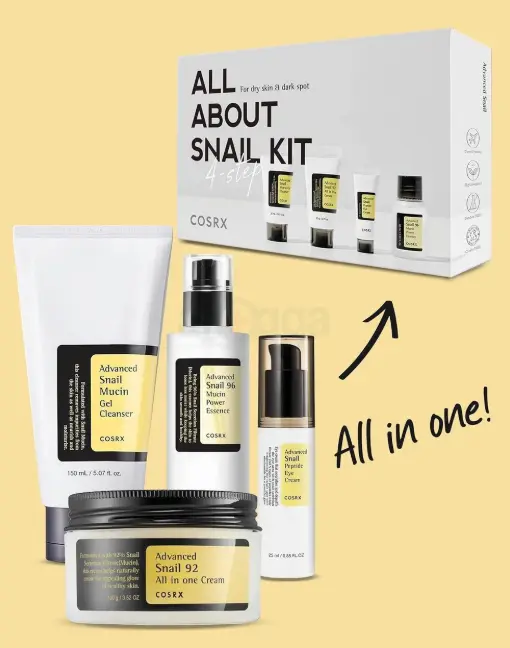 Picture of Cosrx All About Snail Kit 4 Step Gift Set for Dry Skin & Dark Spot (Advanced Snail Mucin Cleanser 20ml, Advanced Snail 96 Mucin Power Essence 30ml, Advanced Snail Peptide Eye Cream 5ml & Advanced Snail 92 All In One Cream 20g)