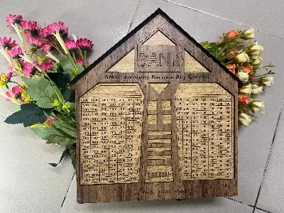 Picture of Wooden House Money Saving Bank – Perfect Gift for Smart Savings (1,00,000 Challenge)