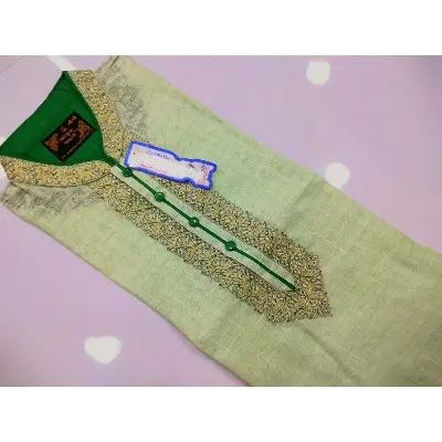 Picture of New premium indian brush cotton panjabi  semilong green colour pqnjabi