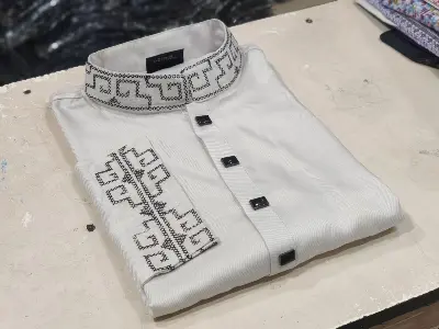 Picture of shoulder ambrodary work 2024 New Desing Suti White Colour Fashionble Panjabi - কাপল ড্রেস শাড়ি