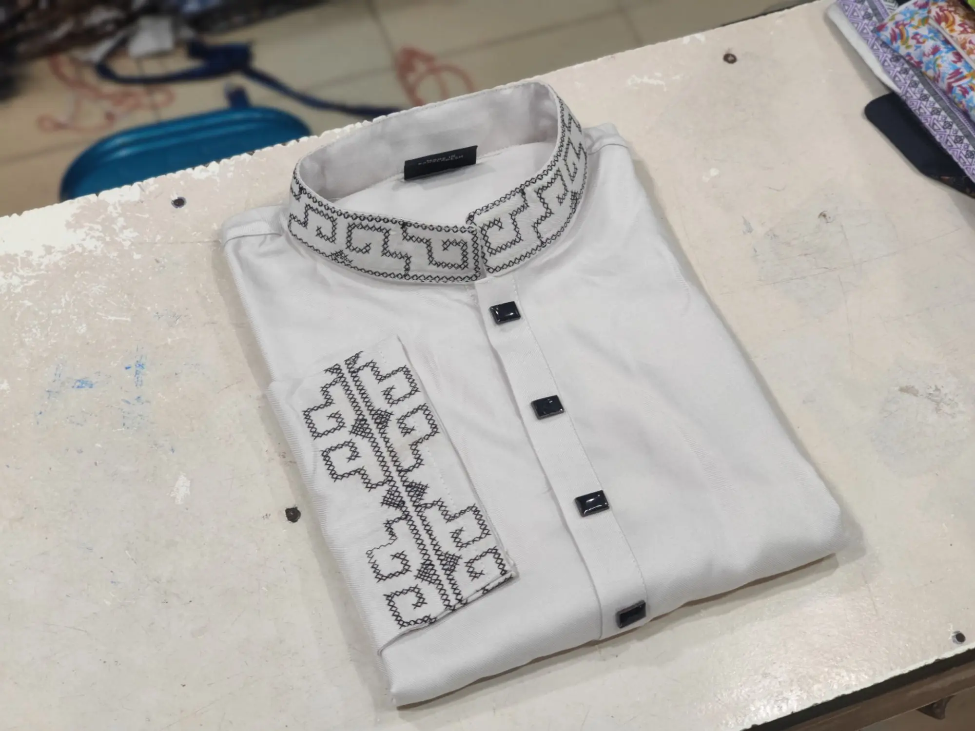 Picture of shoulder ambrodary work 2024 New Desing Suti White Colour Fashionble Panjabi - কাপল ড্রেস শাড়ি