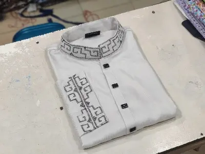 Picture of shoulder ambrodary work 2024 New Desing Suti White Colour Fashionble Panjabi - কাপল ড্রেস শাড়ি