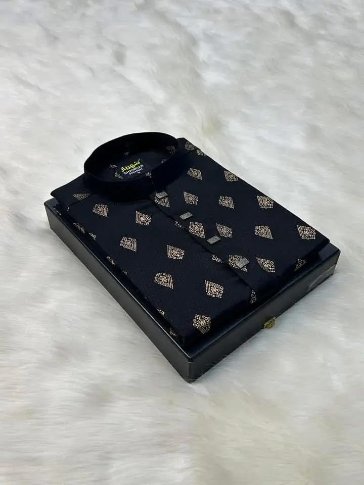 Picture of Eid Special Men Glassy Printed  Semilong Fashionable Panjabi For Men 2025কাপল ড্রেস শাড়ি