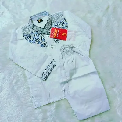 Picture of White colour cotton baby ambrodari work panjabi set/ eid special panjabi for baby