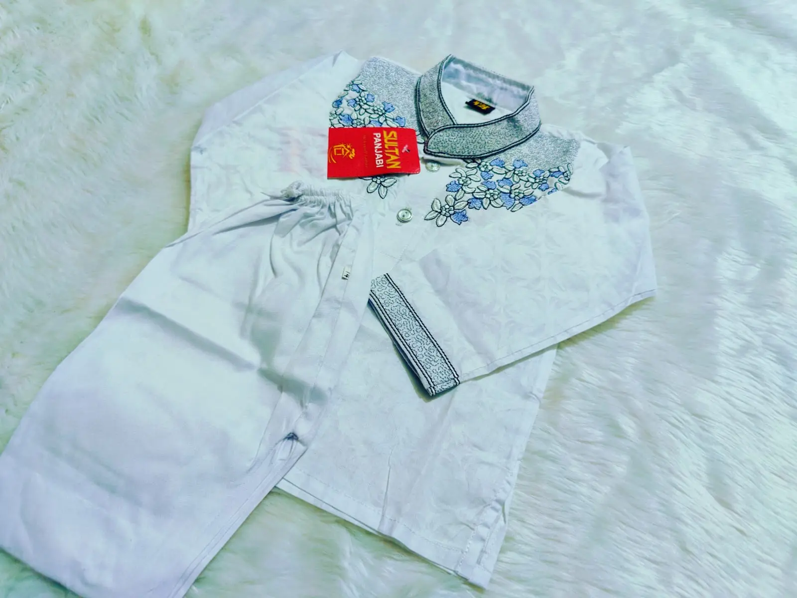 Picture of White colour cotton baby ambrodari work panjabi set/ eid special panjabi for baby