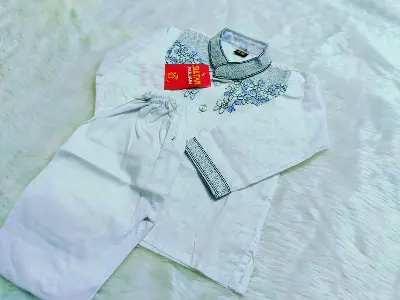 Picture of White colour cotton baby ambrodari work panjabi set/ eid special panjabi for baby