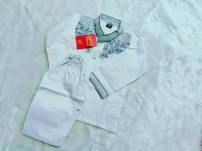 Picture of White colour cotton baby ambrodari work panjabi set/ eid special panjabi for baby