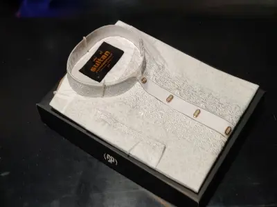 Picture of mens White colour semilong panjabi shoulder embroidery work