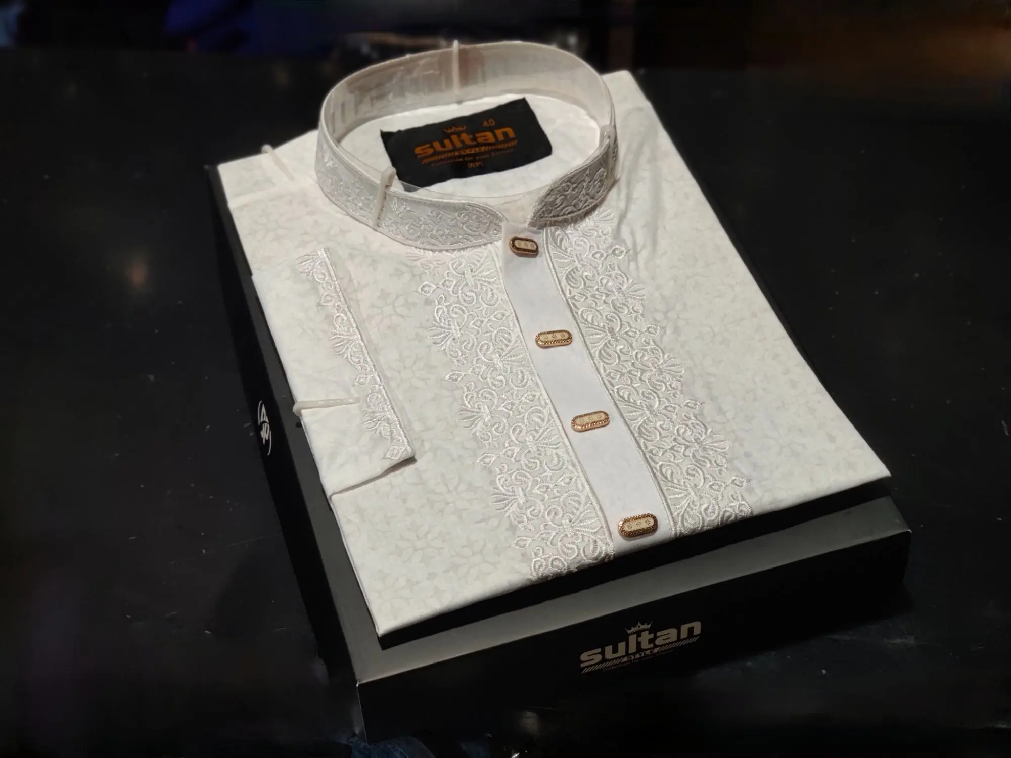 Picture of mens White colour semilong panjabi shoulder embroidery work