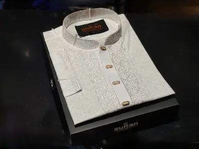 Picture of mens White colour semilong panjabi shoulder embroidery work