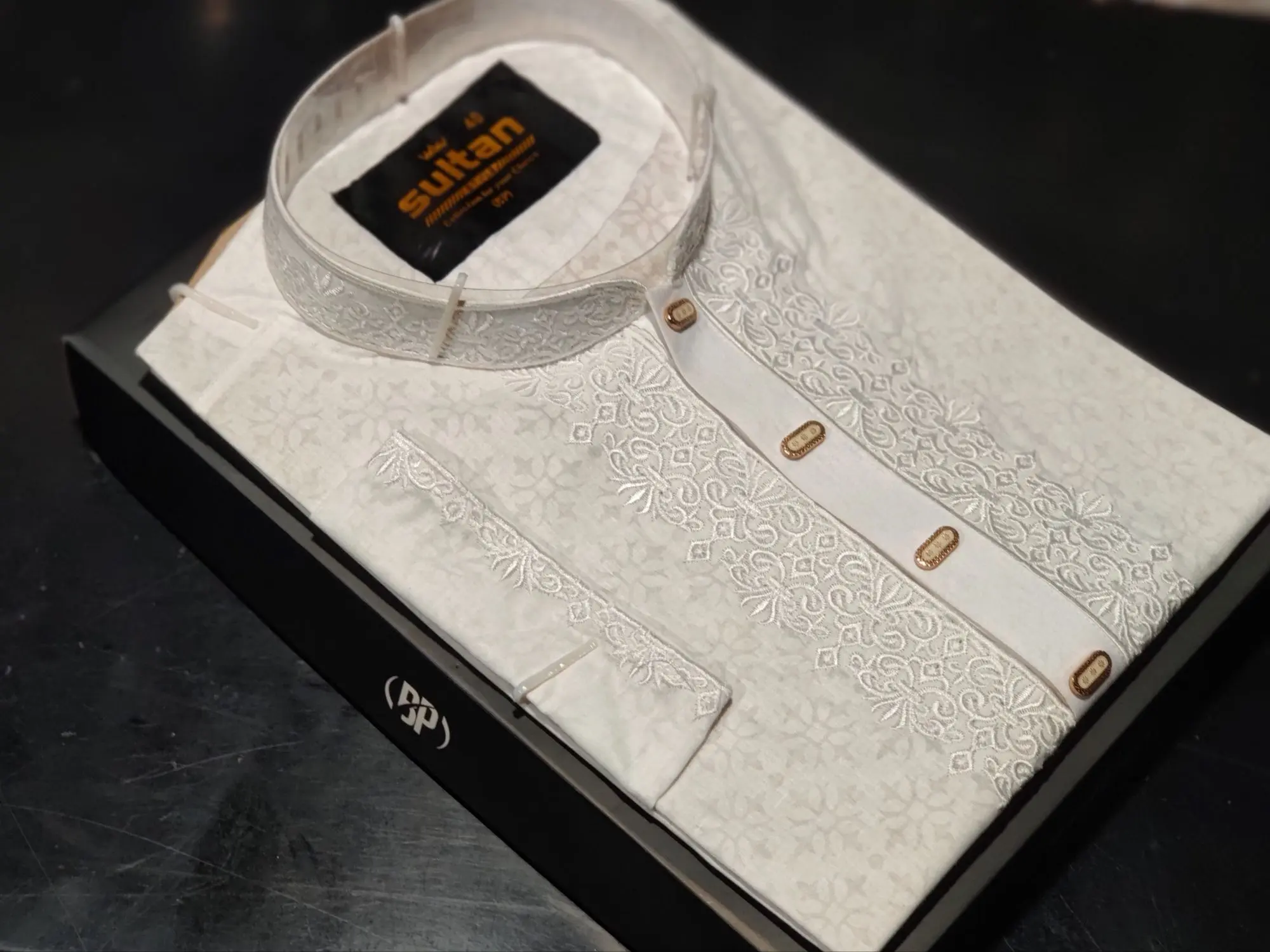 Picture of mens White colour semilong panjabi shoulder embroidery work