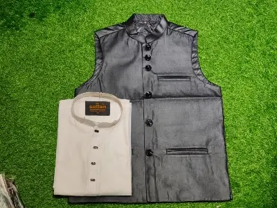 Picture of white colour panjabi black colour waist coat combo pack for mens