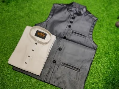 Picture of white colour panjabi black colour waist coat combo pack for mens